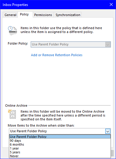 Archive Policy Screen Shot